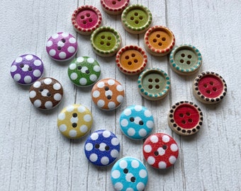 Wooden buttons 15mm polka dots two designs sets of 10