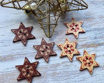 Wooden buttons Christmas Scandinavian style stars Set of 10