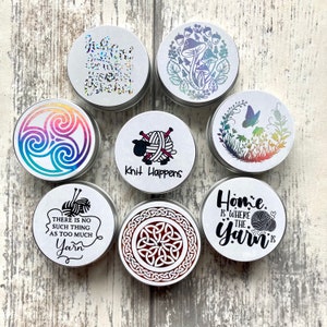 Notion tin round storage for stitch markers knitting, sewing and crochet notions
