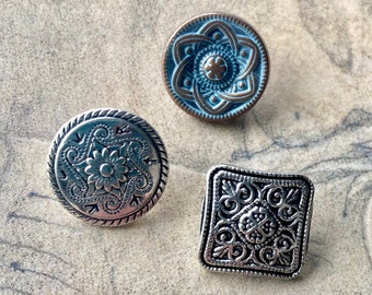 Metal buttons 15mm square, verdigris and flower designs sets of 5