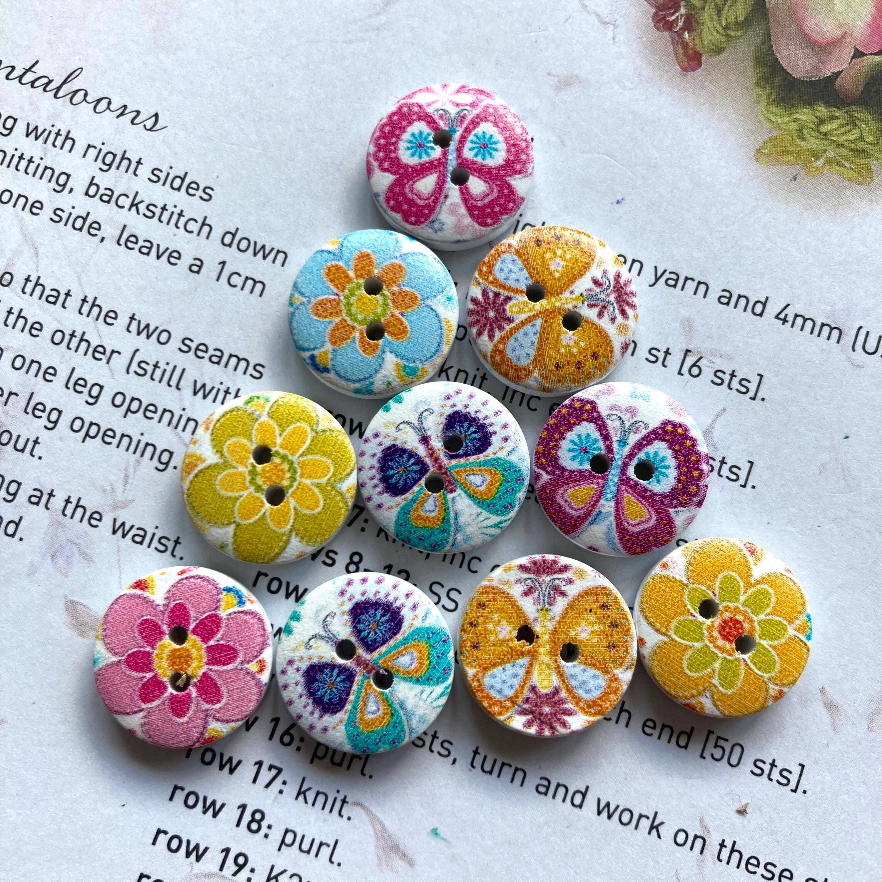 Set of 10 Wooden Buttons Flowers and Butterflies 15mm - Etsy
