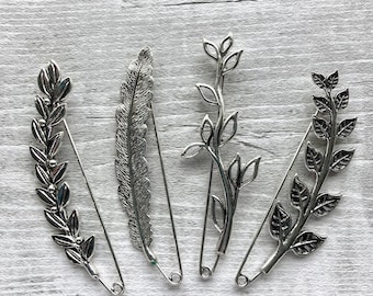 Shawl pin/ brooch leaves and feather