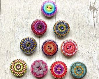 Wooden buttons 20mm assorted mandalas set of 10