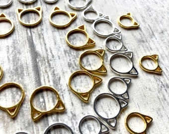 Cat ring stitch markers solid rings 8mm 10mm silver or gold for smooth snag free knitting set of 10