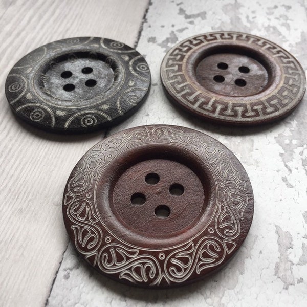 Boutons en bois de 6 cm, motifs ornementaux géants