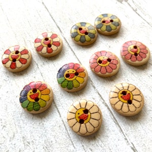Wooden buttons 15mm kids happy flowers set of 10