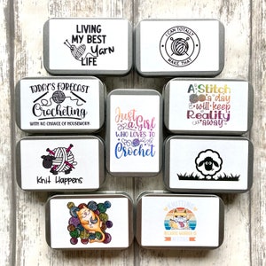 Tin for knitting notions stitch markers, sewing, crochet yarn cats sheep