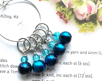 Stitch markers x5 sparkle blue rings for knitting