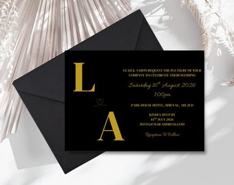 Black Gold Foil Wedding Invitation | Modern Initial Wedding Stationery | SRP2