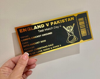 Personalised Cricket Match Gold Foil Ticket: Surprise Gift Keepsake | Black Card