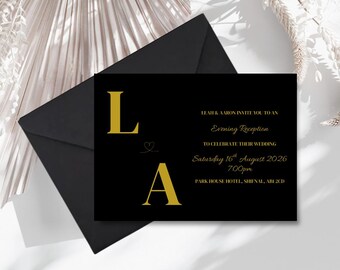 Black Gold Foil Evening Reception Invitation | Modern Initial Wedding Stationery | SRP2