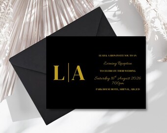 Black Gold Foil Evening Reception Invitation | Modern Initial Wedding Stationery | SRP1