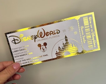 Personalised DisneyWorld Gold Foil Ticket: Surprise Trip Keepsake | White Card
