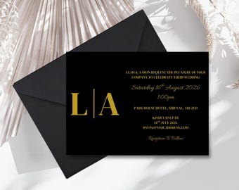 Black Gold Foil Wedding Invitation | Modern Initial Wedding Stationery | SRP1