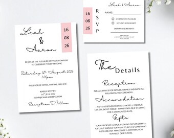 White Modern Wedding Invitation Set | Simple Pink Wedding Invite | Wedding Stationery | SRP5