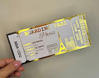 Personalised Paris Boarding Pass Foil Ticket: Surprise Trip Keepsake | White Card