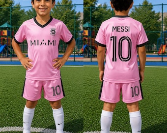 Custom Argentina Miami Pink Jersey Set, Personalized Kids Soccer Jersey & Shorts, Youth Football Outfit.