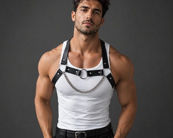 Mens Leather Chest Harness Belt, Adjustable Shoulder Harness with Chain, Punk Goth Clubwear Costume Accessory