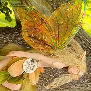 Könnte beinhalten: Eine Feenfigur mit blondem Haar und großen, durchscheinenden Flügeln ruht auf einem Ast. Die Fee trägt ein Outfit in Grün und Pfirsich. Ein Anhänger an der Fee trägt die Aufschrift "SEEN & NOTED 526". Der Hintergrund ist eine verschwommene grüne Wiese.