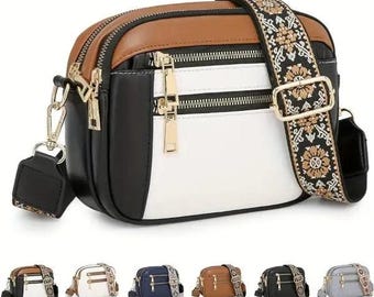 Bolso bandolera y cartera multicompartimento para mujer, hechos a mano, con correa ajustable, herrajes dorados y cierre de cremallera - Segunda capa de primera calidad