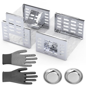 May include: An assortment of stainless steel smoker boxes, mesh screens, two pairs of black gloves, and two small, round, silver dishes. The smoker boxes have a rectangular shape with perforated sides and a wire mesh top.