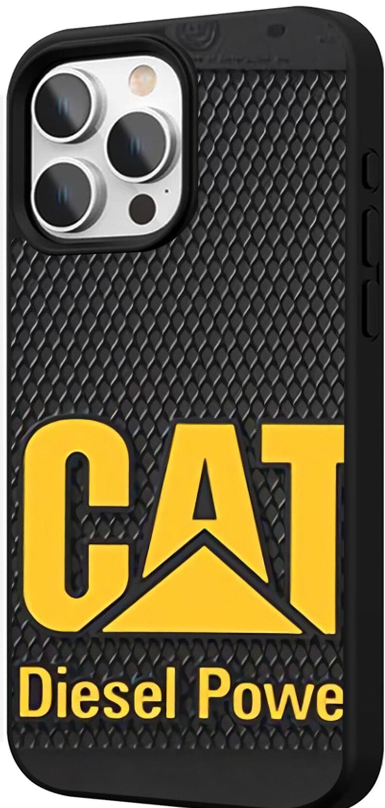 Puede incluir: Funda de tel&eacute;fono negra con un patr&oacute;n texturizado y el logotipo amarillo CAT. Las palabras "Diesel Power" est&aacute;n impresas debajo. La funda est&aacute; dise&ntilde;ada para un smartphone, con recortes para la c&aacute;mara y los botones.