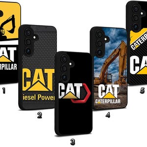May include: A collection of black phone cases featuring the CAT Caterpillar logo and construction equipment imagery. Designs include the CAT logo, a digger, and the words "Caterpillar" and "Diesel Power" in yellow and white.