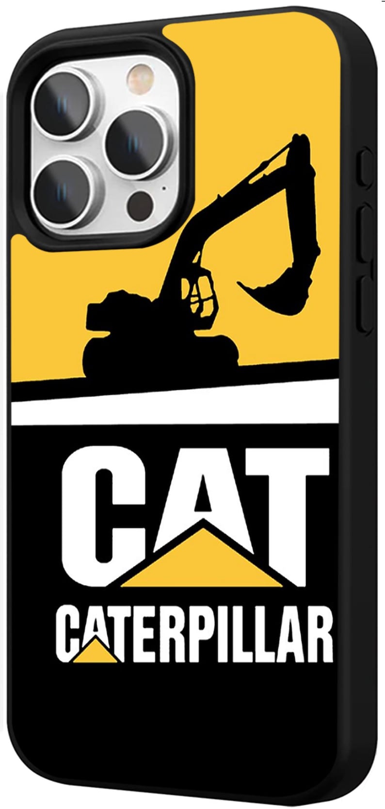 Puede incluir: Funda de tel&eacute;fono negra con fondo amarillo y silueta negra de excavadora. La funda tiene el texto blanco "CAT" sobre "CATERPILLAR" en blanco, con un tri&aacute;ngulo amarillo.