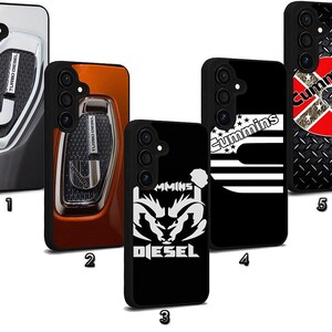May include: A selection of black phone cases with different designs. The designs include the Cummins logo, a key fob design, and a ram logo with the word "DIESEL". Some cases have a textured background.