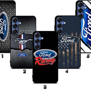 May include: Five phone cases with Ford logos and designs. The cases feature various backgrounds, including a diamond plate pattern, a Mustang graphic, a black background with "Ford Racing", and a distressed American flag design. The Ford logo is prominently displayed on each case.