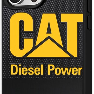 Puede incluir: Funda de tel&eacute;fono negra con el logotipo amarillo de CAT y la frase "Diesel Power". La funda tiene un fondo texturizado y est&aacute; dise&ntilde;ada para un smartphone. La funda es negra.