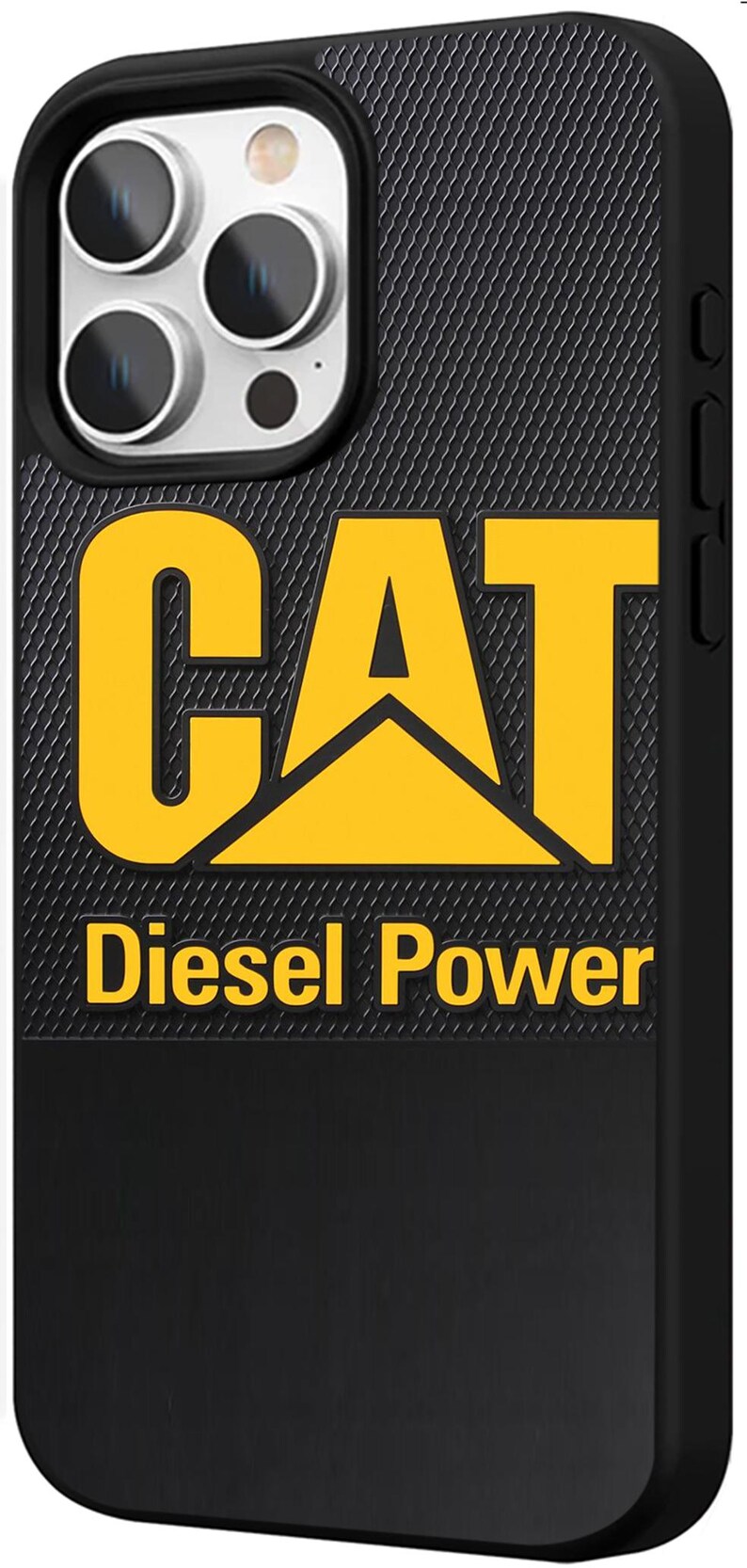 Puede incluir: Funda de tel&eacute;fono negra con el logotipo amarillo de CAT y la frase "Diesel Power". La funda tiene un fondo texturizado y est&aacute; dise&ntilde;ada para un smartphone. La funda es negra.