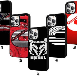 May include: A collection of black phone cases featuring the "Cummins" logo in various designs. The designs include the logo with an American flag, a red engine, a white and black design, and a red and white design. The cases are for a smartphone.