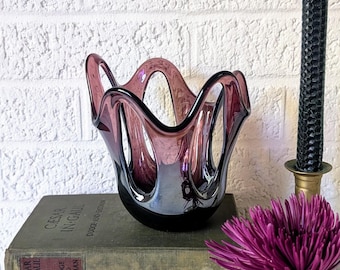 Vintage Glass Vase | Makora Krosno Poland | Purple Metalic Hand Blown Glass Art | Candle Holder