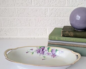 Vintage Hand Painted Oval Bowl | Purple Violets | Nippon Bowl | Side Handles