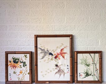 Set of 3 Vintage Asian Ink Art | Bamboo Frames | Signed | Koi Fish, Flowers, and Bamboo