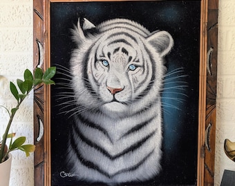 Vintage Framed Black Velvet, White Tiger Painting | Signed Ortiz
