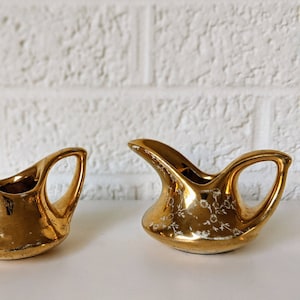 Vintage Pair Miniature Creamer and Sugar Bowl | Gold with White Flower Design