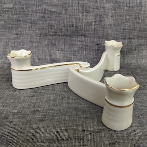 Set of Three Vintage Limoges Candleholders | White and Gold Porcelain