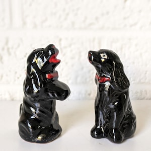 Vintage Pair Salt and Pepper Shakers | Black Dogs with Red Bows | Japan