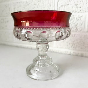 Vintage King&#39;s Crown Ruby Compote Thumbprint Bowl | Flashed Top and Clear Bowl | Tiffin Glass | Pedestal Compote