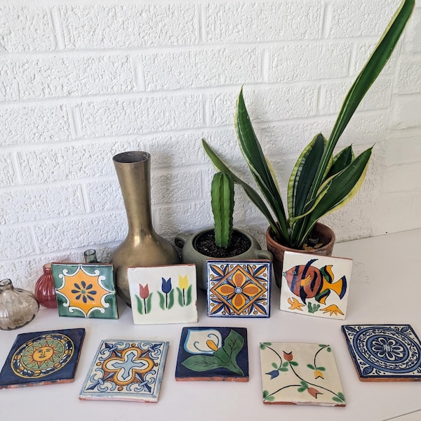 Nine Vintage Mexican Talavera Tiles | Set Terracotta Tiles or Coasters