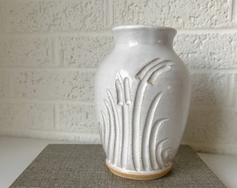 Vintage Studio Pottery Vase | Carved Cattail Vase | Stoneware