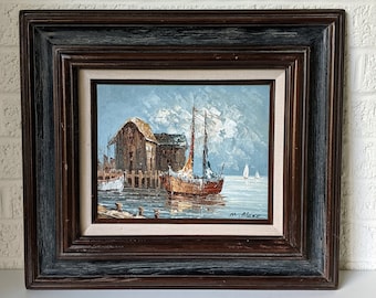 Vintage Signed Original Oil Painting on Canvas | M. Blake | Framed Seascape Painting