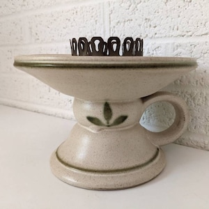 Vintage Pottery Candle Holder with Metal Rim