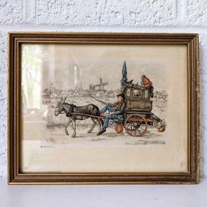 Vintage Framed Anton Pieck Print | Traveling Salesman on Carriage with Donkey and Monkey | 1966 D.A.C., N.Y.