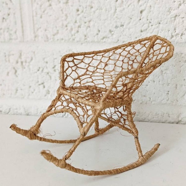 Vintage Miniature Woven Rattan Rocking Chair Figurine