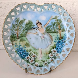 Vintage Signed Painted Heart Plate | Degas Style Ballerina Among Flora | Heart Shaped Openwork Plate | Gallery Wall