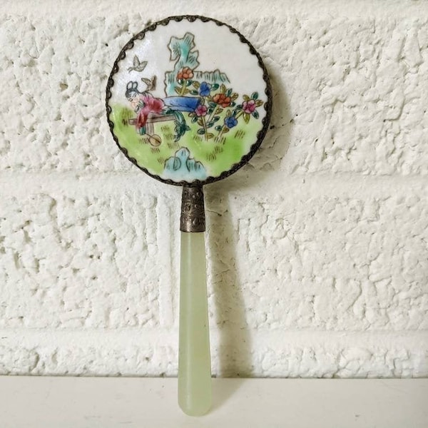 Vintage Hand Mirror | Hand Painted with Jade Handle and Silver Frame