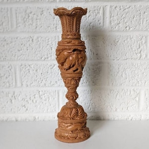 Vintage Hand Carved Candlestick Holder | Intricately Carved Wooden Candle Holder | Animals
